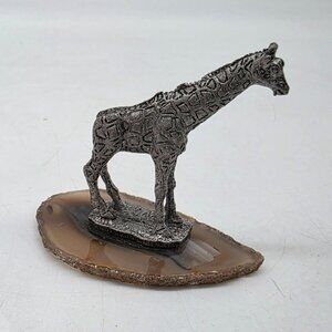 Pewter Giraffe Figurine On Polished Agate Stone Base 2" tall